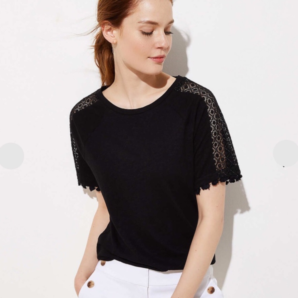 Loft Black Cotton Tee Crochet Sleeve Detail XS